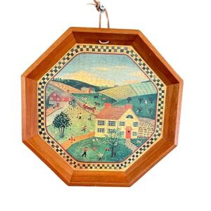 Crowning Touch Vintage Folk Art Farm Scene Octagon‎ Wood Wall Hanging Decor 10"